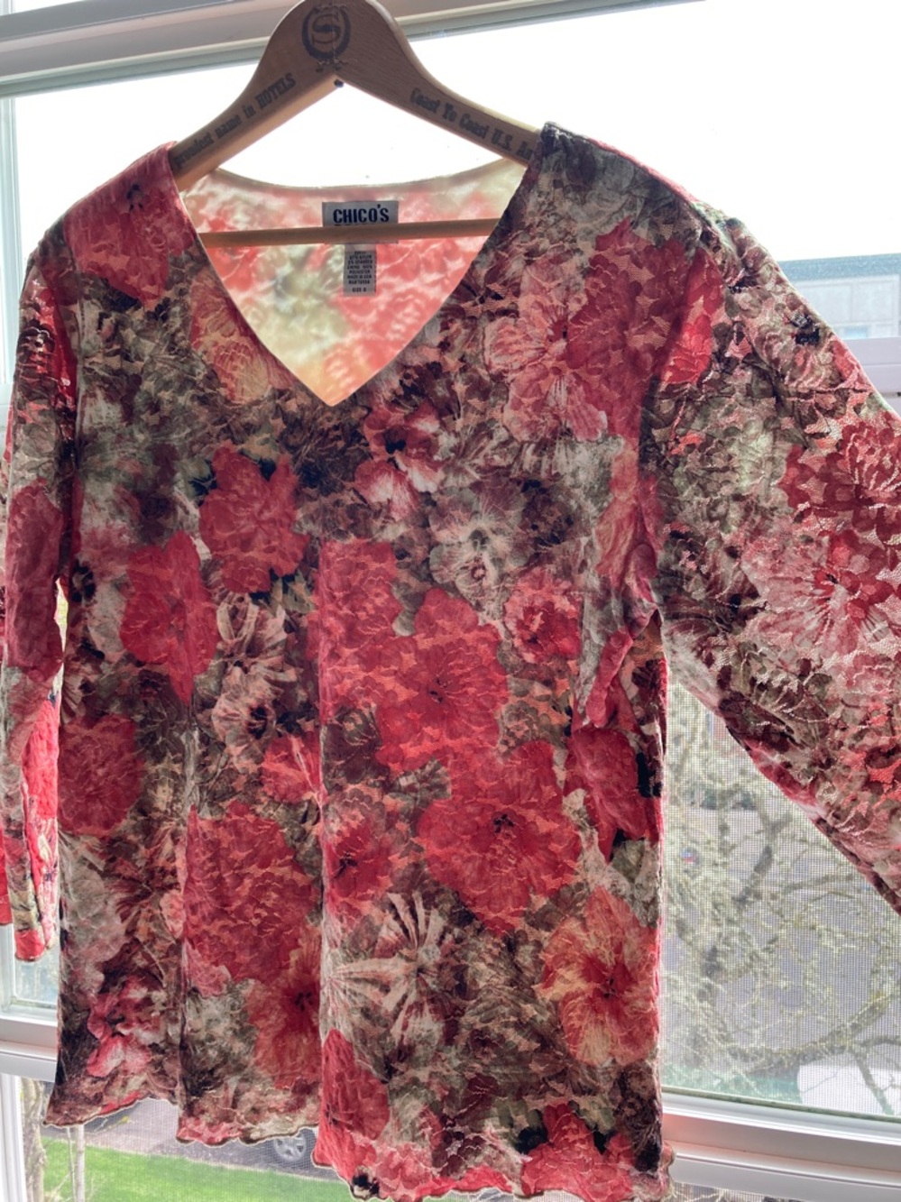 Vintage 90s Chico's Design Mesh Lace overlay Floral Phoebe Style Top Boho Sz 2 L